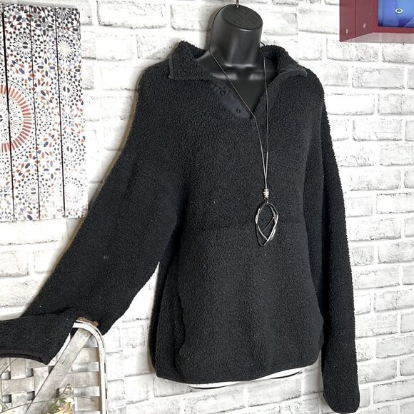 Sherpa Fluffy Thick Winter Pull Over Sweatshirt Shirt Size Medium Black - Picture 1 of 4